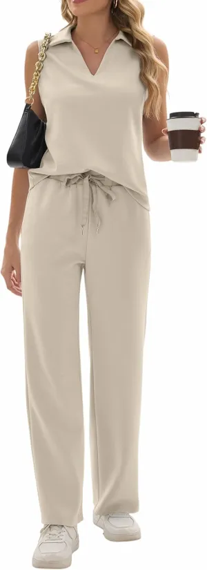 Sixstar Women 2 Piece Outfits Lounge Sets Casual Sleeveless Summer V-Neck Dressy Collared Tracksuit Lounge