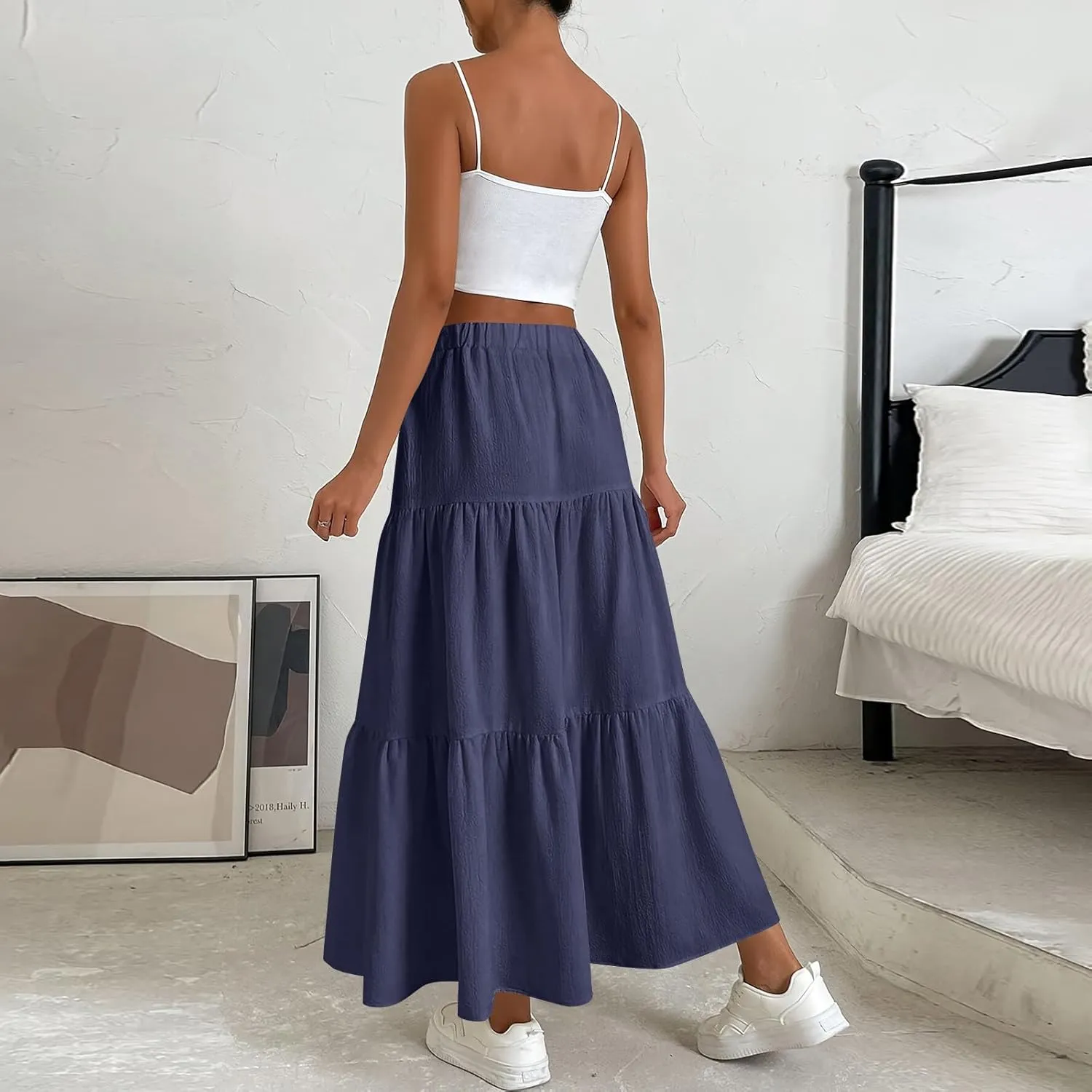 Skirts for Women Trendy Ruffled Summer Plain Color Retro Pleated Skirts Flowy Casual Long Skirt