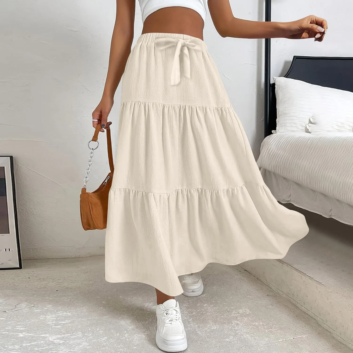 Skirts for Women Trendy Ruffled Summer Plain Color Retro Pleated Skirts Flowy Casual Long Skirt