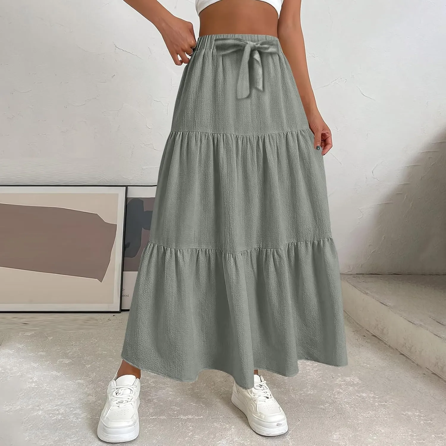 Skirts for Women Trendy Ruffled Summer Plain Color Retro Pleated Skirts Flowy Casual Long Skirt