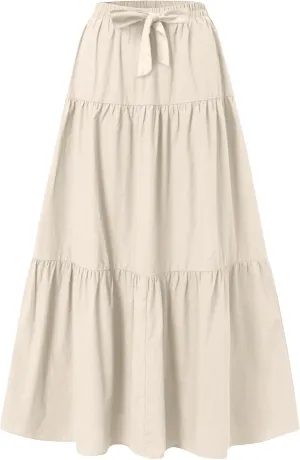 Skirts for Women Trendy Ruffled Summer Plain Color Retro Pleated Skirts Flowy Casual Long Skirt