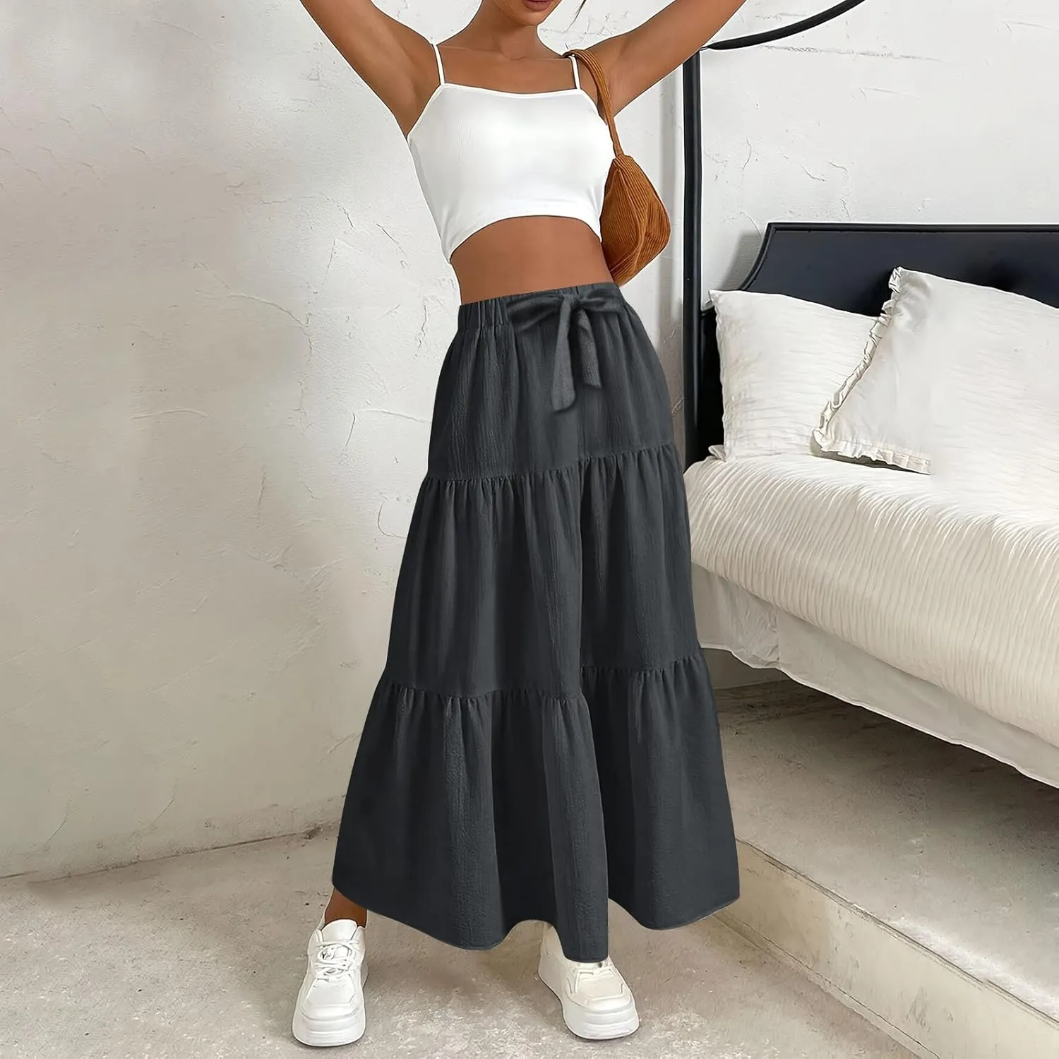 Skirts for Women Trendy Ruffled Summer Plain Color Retro Pleated Skirts Flowy Casual Long Skirt