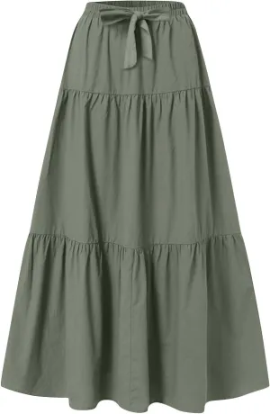 Skirts for Women Trendy Ruffled Summer Plain Color Retro Pleated Skirts Flowy Casual Long Skirt