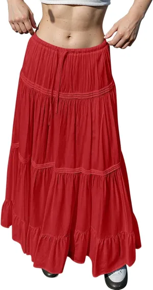 Skirts for Women Trendy Ruffled Summer Plain Color Retro Pleated Skirts Flowy Casual Long Skirt