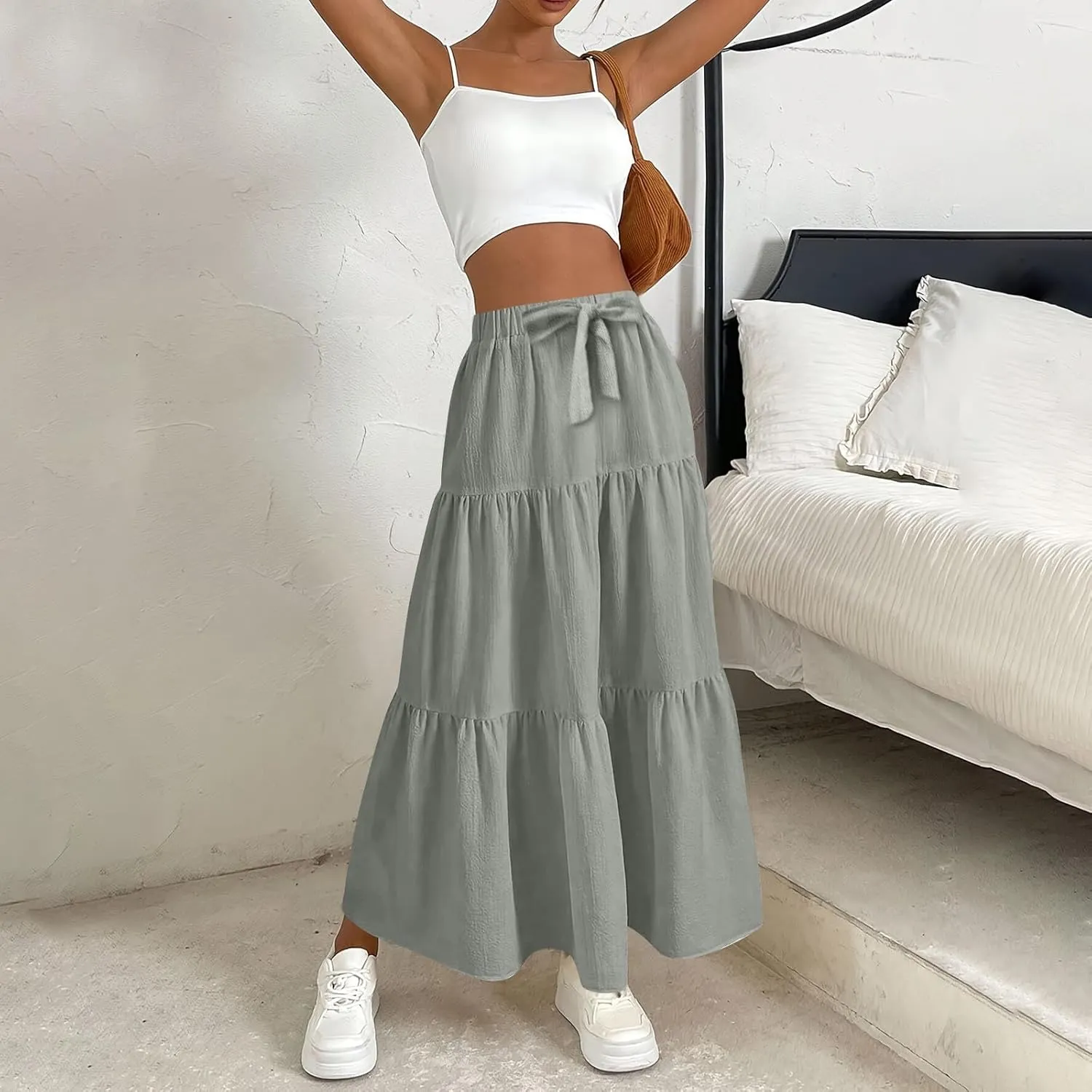 Skirts for Women Trendy Ruffled Summer Plain Color Retro Pleated Skirts Flowy Casual Long Skirt