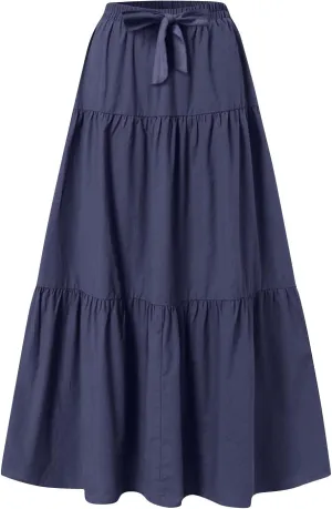 Skirts for Women Trendy Ruffled Summer Plain Color Retro Pleated Skirts Flowy Casual Long Skirt