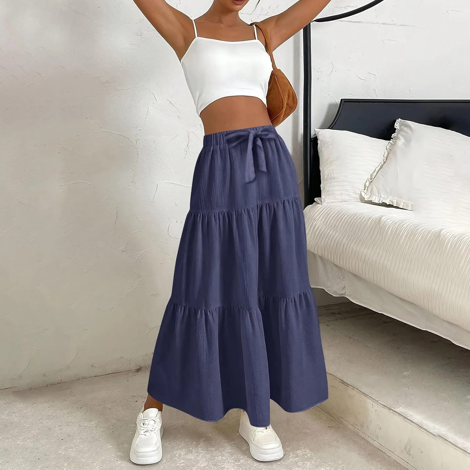 Skirts for Women Trendy Ruffled Summer Plain Color Retro Pleated Skirts Flowy Casual Long Skirt