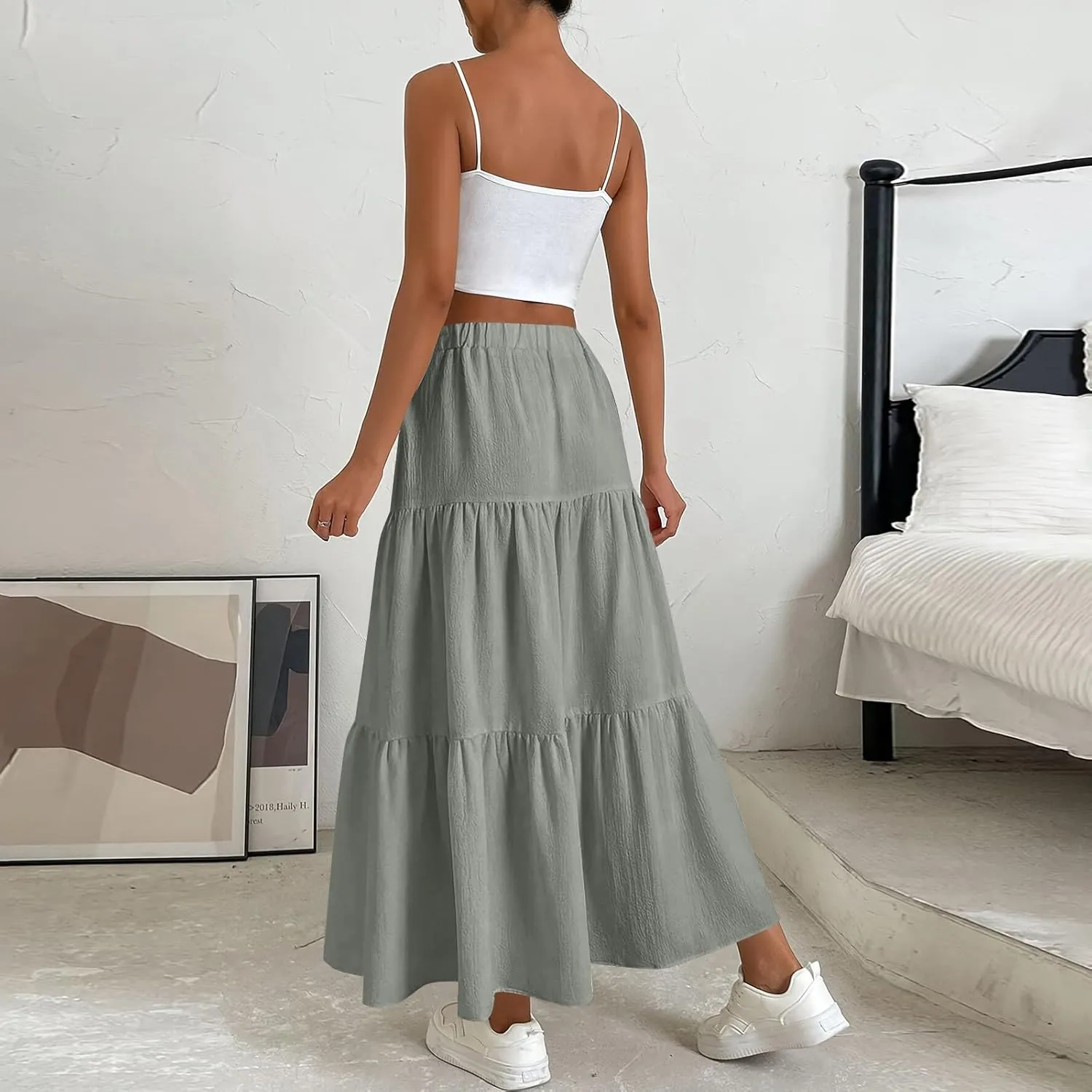 Skirts for Women Trendy Ruffled Summer Plain Color Retro Pleated Skirts Flowy Casual Long Skirt