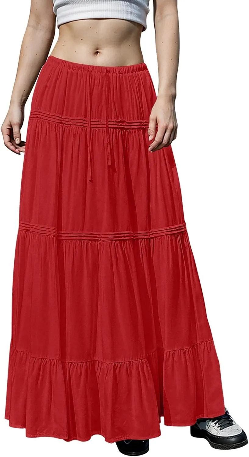 Skirts for Women Trendy Ruffled Summer Plain Color Retro Pleated Skirts Flowy Casual Long Skirt