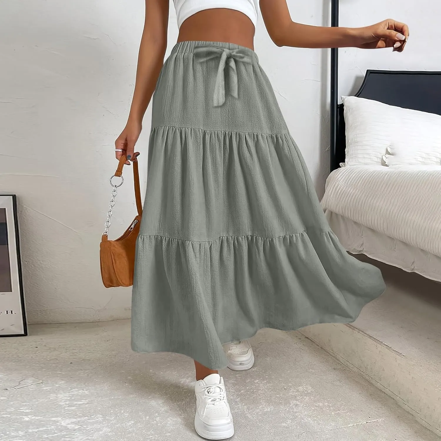 Skirts for Women Trendy Ruffled Summer Plain Color Retro Pleated Skirts Flowy Casual Long Skirt