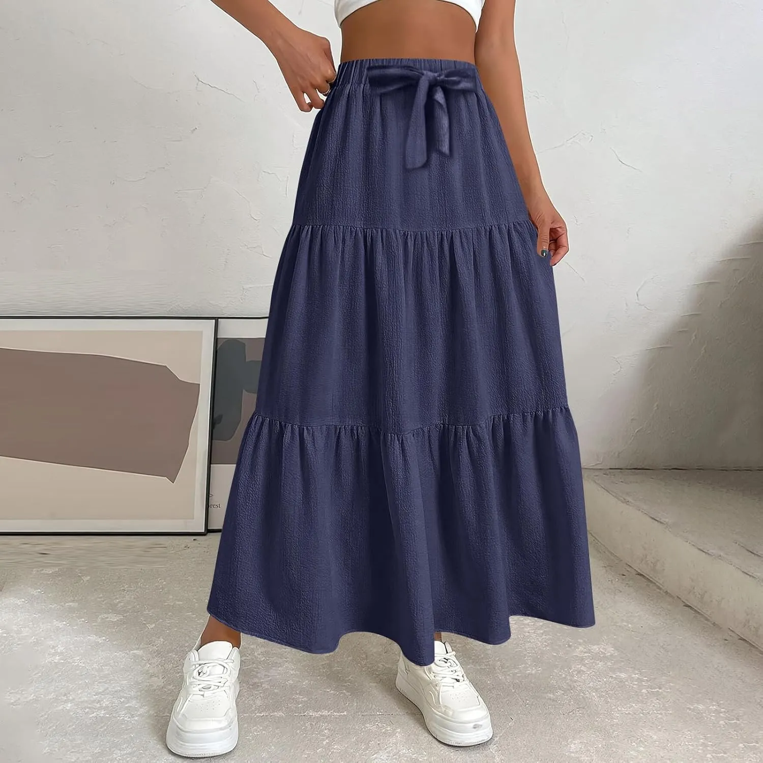 Skirts for Women Trendy Ruffled Summer Plain Color Retro Pleated Skirts Flowy Casual Long Skirt