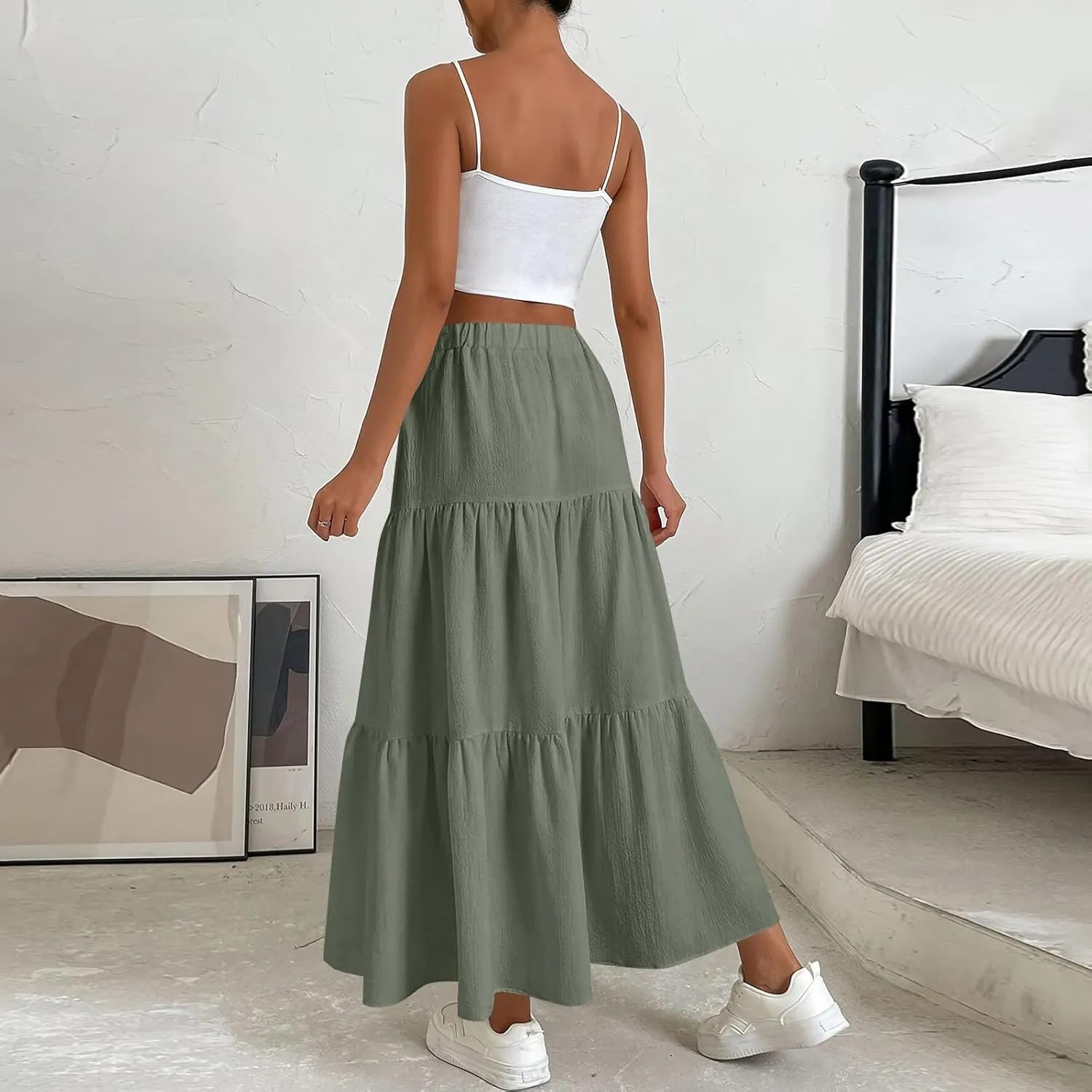 Skirts for Women Trendy Ruffled Summer Plain Color Retro Pleated Skirts Flowy Casual Long Skirt