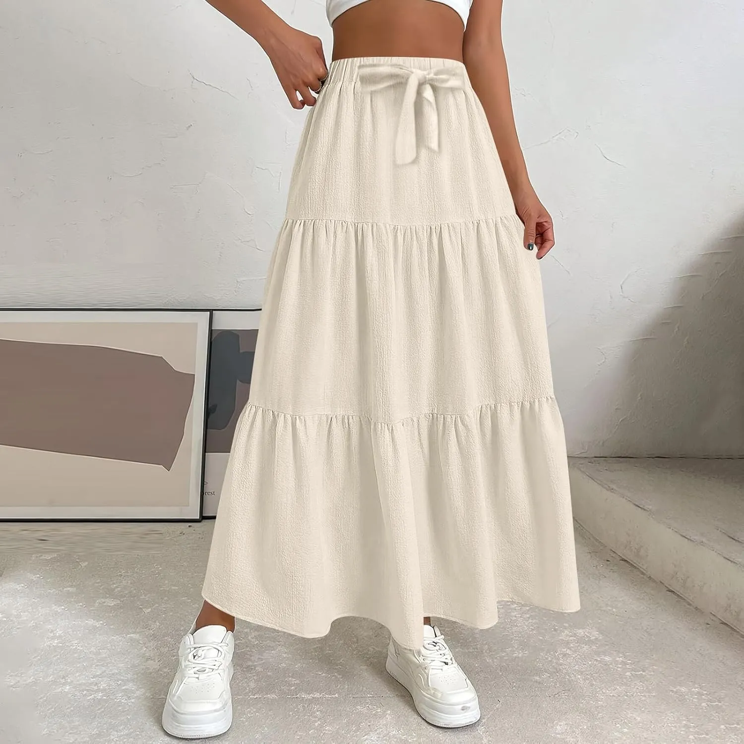 Skirts for Women Trendy Ruffled Summer Plain Color Retro Pleated Skirts Flowy Casual Long Skirt