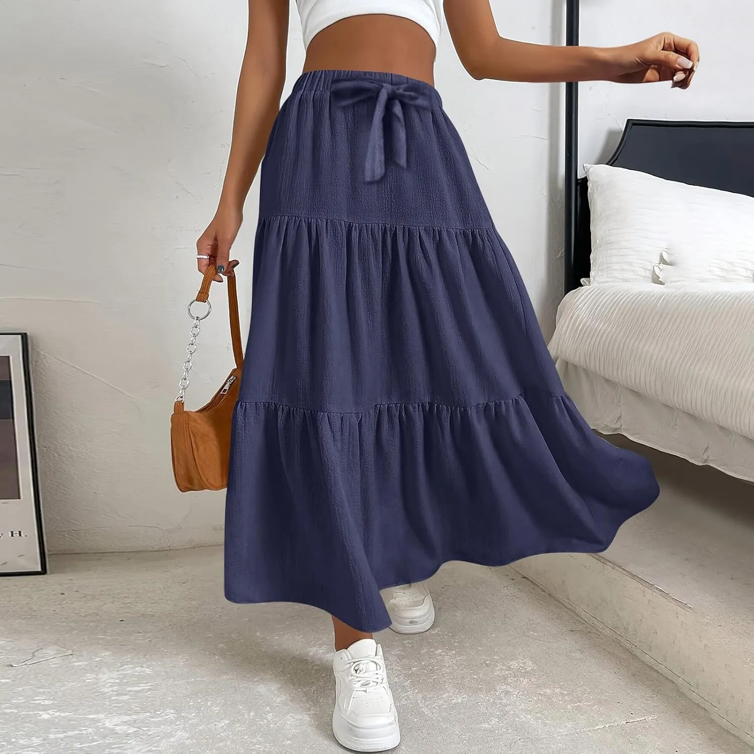 Skirts for Women Trendy Ruffled Summer Plain Color Retro Pleated Skirts Flowy Casual Long Skirt