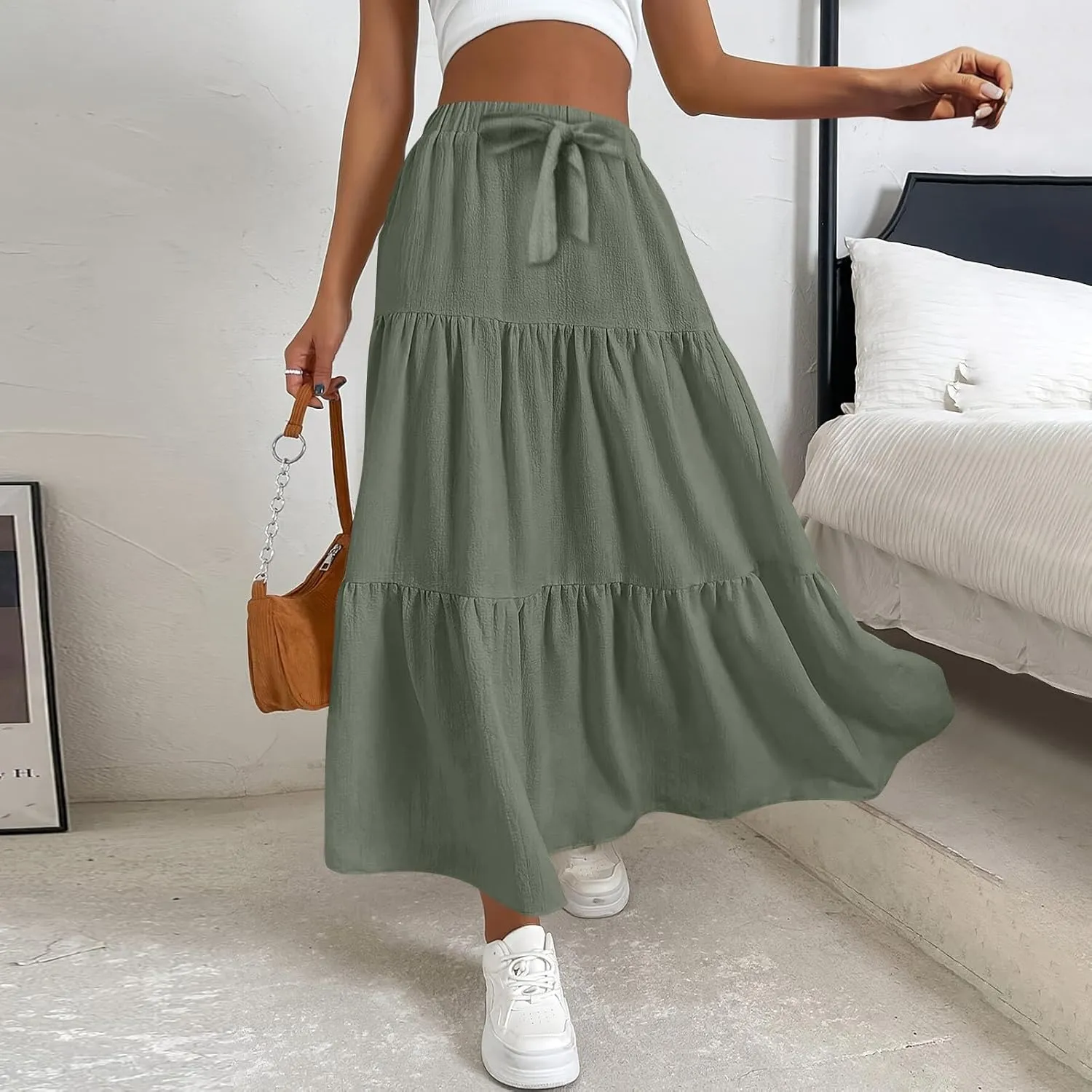 Skirts for Women Trendy Ruffled Summer Plain Color Retro Pleated Skirts Flowy Casual Long Skirt