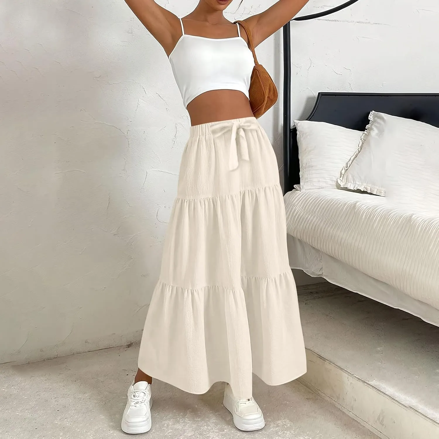 Skirts for Women Trendy Ruffled Summer Plain Color Retro Pleated Skirts Flowy Casual Long Skirt