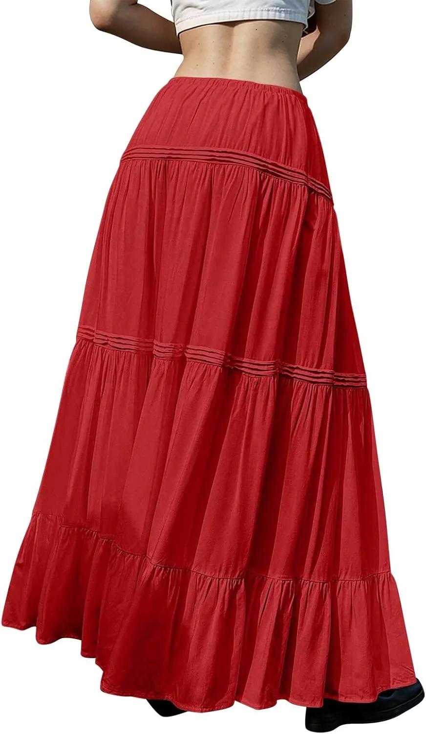 Skirts for Women Trendy Ruffled Summer Plain Color Retro Pleated Skirts Flowy Casual Long Skirt