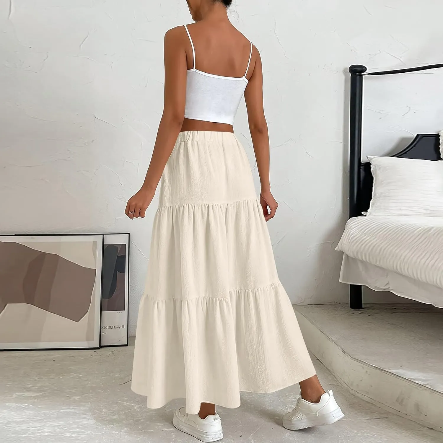 Skirts for Women Trendy Ruffled Summer Plain Color Retro Pleated Skirts Flowy Casual Long Skirt