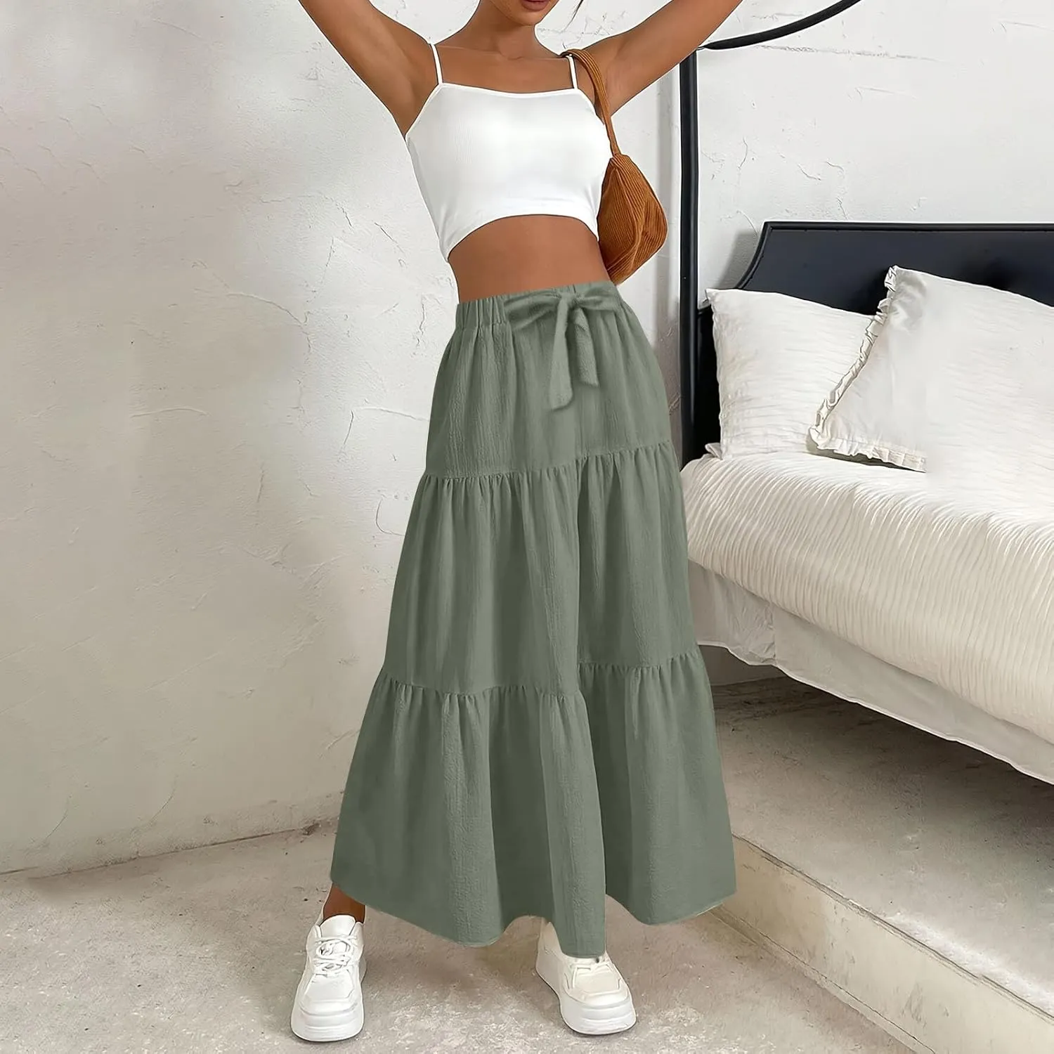 Skirts for Women Trendy Ruffled Summer Plain Color Retro Pleated Skirts Flowy Casual Long Skirt
