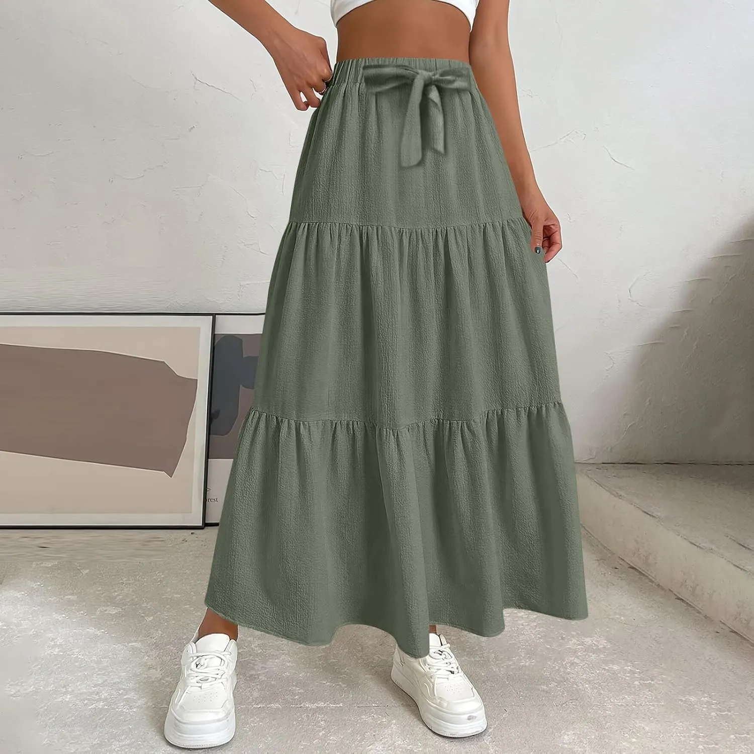 Skirts for Women Trendy Ruffled Summer Plain Color Retro Pleated Skirts Flowy Casual Long Skirt