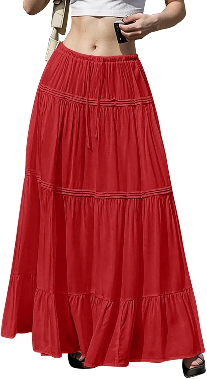 Skirts for Women Trendy Ruffled Summer Plain Color Retro Pleated Skirts Flowy Casual Long Skirt