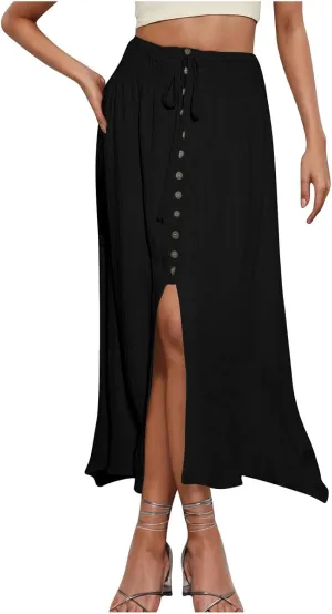 Split Maxi Skirt for Women Casual Elastic Waist Button Split A Line Dresses Flowy Swing Pleated Beach Long Skirts