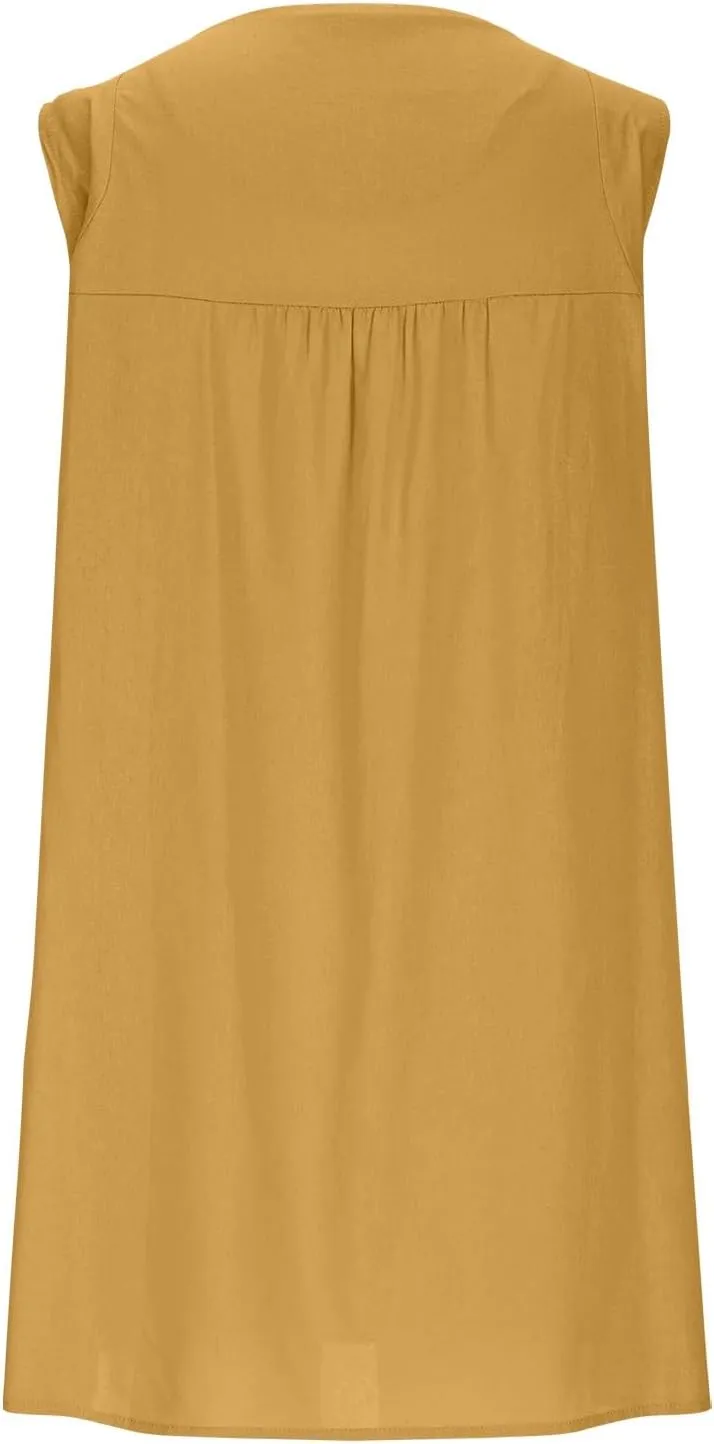 Summer Cotton Linen Dress for Women Casual Sleeveless Crewneck Ruched Sundresses Plus Size Solid Color Loose Dresses
