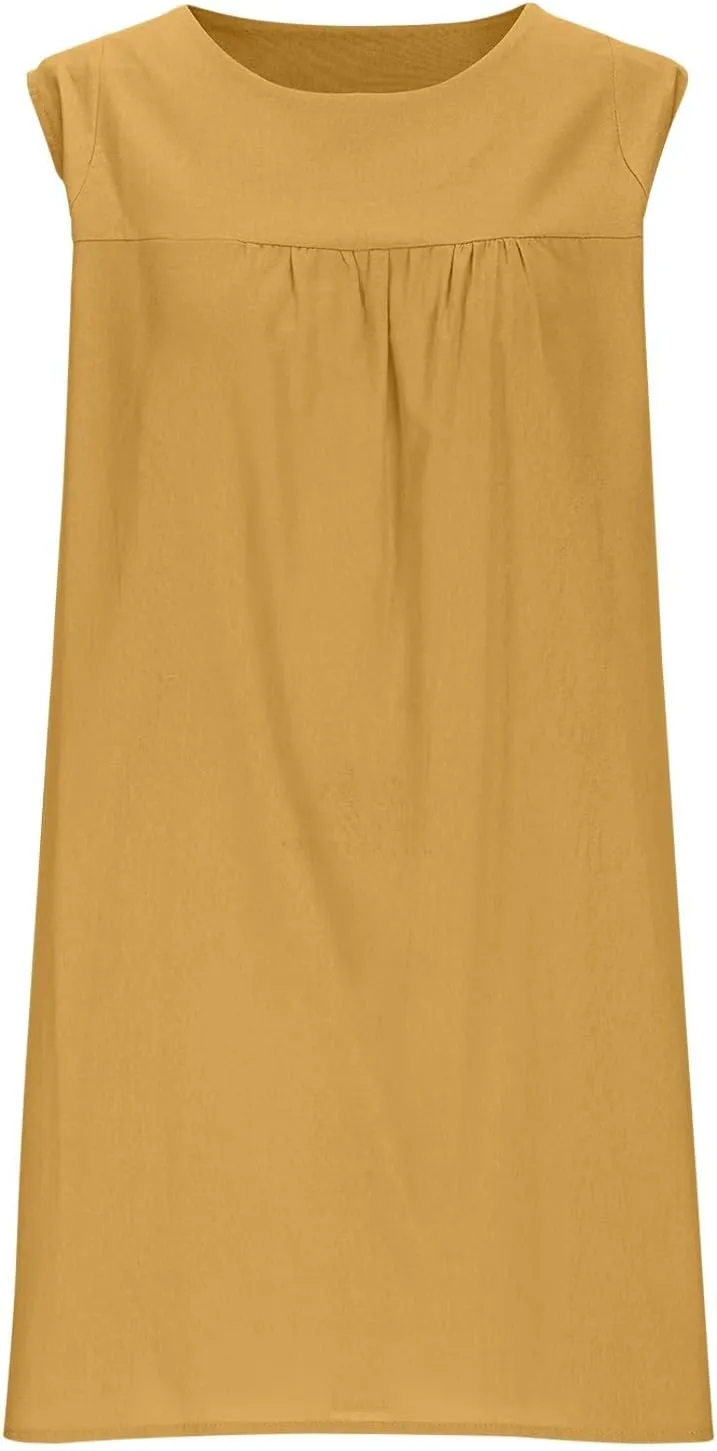 Summer Cotton Linen Dress for Women Casual Sleeveless Crewneck Ruched Sundresses Plus Size Solid Color Loose Dresses
