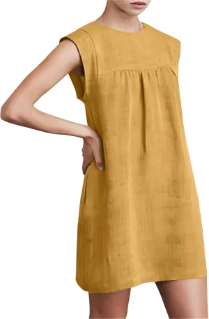 Summer Cotton Linen Dress for Women Casual Sleeveless Crewneck Ruched Sundresses Plus Size Solid Color Loose Dresses