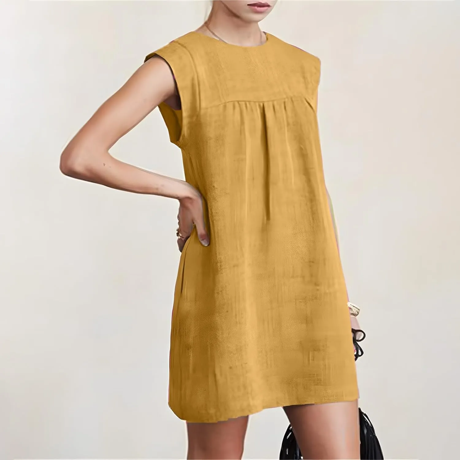 Summer Cotton Linen Dress for Women Casual Sleeveless Crewneck Ruched Sundresses Plus Size Solid Color Loose Dresses