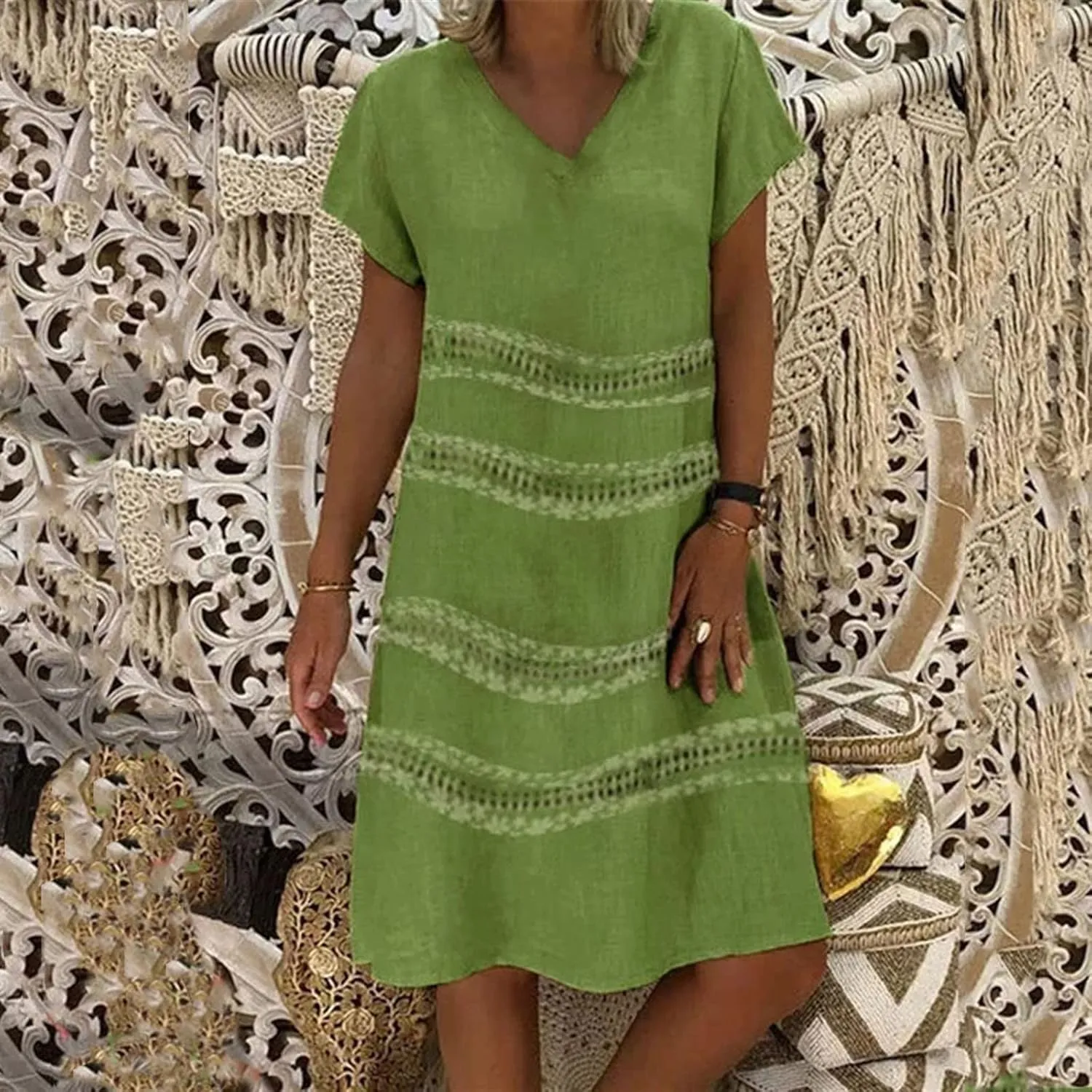 Summer Dress for Women Short Sleeve V-Neck Casual Midi Sundresses Loose Fit t-Shirt Flowy Beach Vacation Dresses