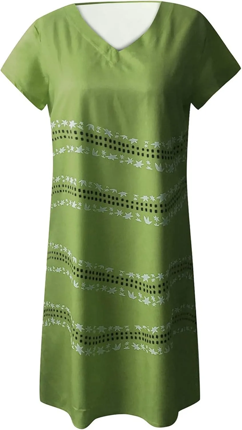 Summer Dress for Women Short Sleeve V-Neck Casual Midi Sundresses Loose Fit t-Shirt Flowy Beach Vacation Dresses