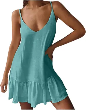 Summer Dresses for Women 2024 Casual Plus Size V Neck Solid Color Slip Dress Trendy Summer Vacation Flowy Dress