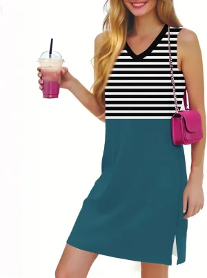 Summer Dresses for Women 2025 Beach Striped Sundresses Casual V Neck T Shirt Dress Sleeveless Loose Tank Dress with Split