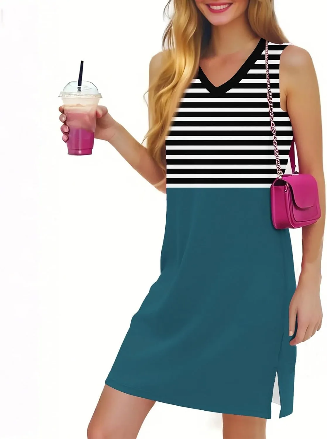 Summer Dresses for Women 2025 Beach Striped Sundresses Casual V Neck T Shirt Dress Sleeveless Loose Tank Dress with Split