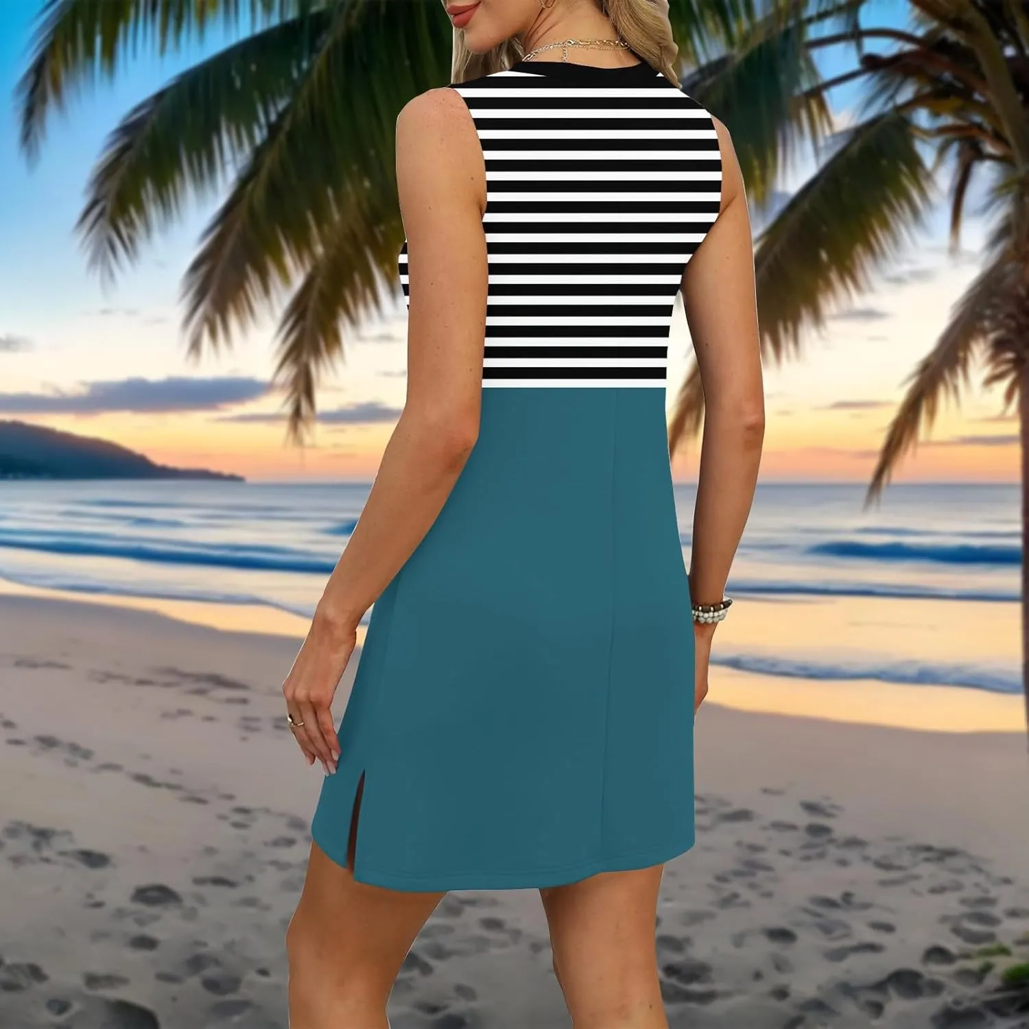 Summer Dresses for Women 2025 Beach Striped Sundresses Casual V Neck T Shirt Dress Sleeveless Loose Tank Dress with Split
