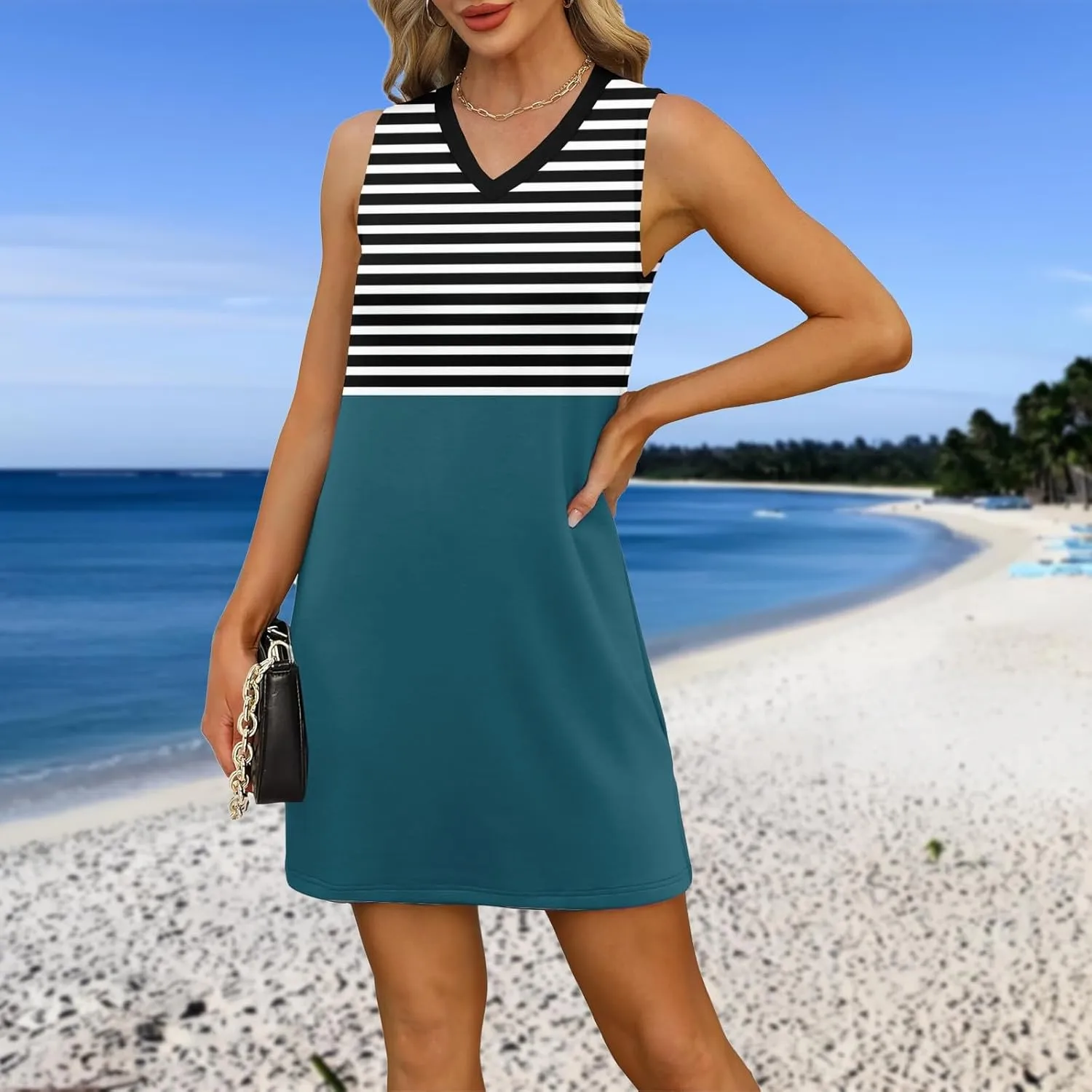 Summer Dresses for Women 2025 Beach Striped Sundresses Casual V Neck T Shirt Dress Sleeveless Loose Tank Dress with Split