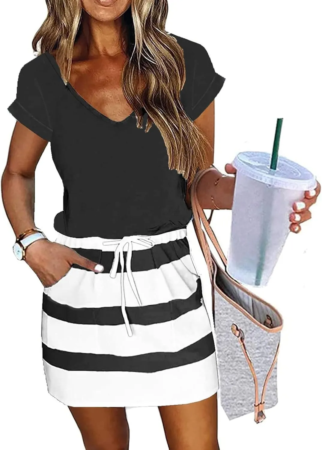 Summer Dresses for Women 2025 Casual V-Neck Short Sleeve Sundress Ladies Fashion Work Mini Dresses with Pockets
