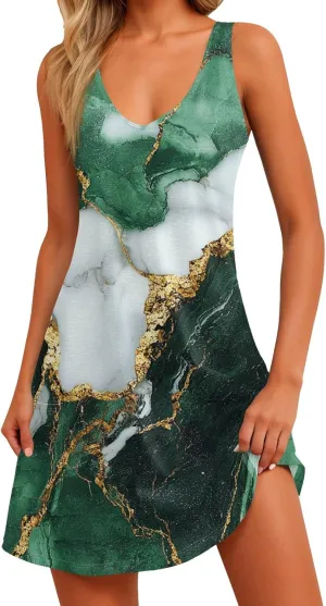 Summer Dresses for Women 2025 Sleeveless Loose Sundresses V Neck Boho Beach T Shirt Dresses Casual Floral Tank Dress