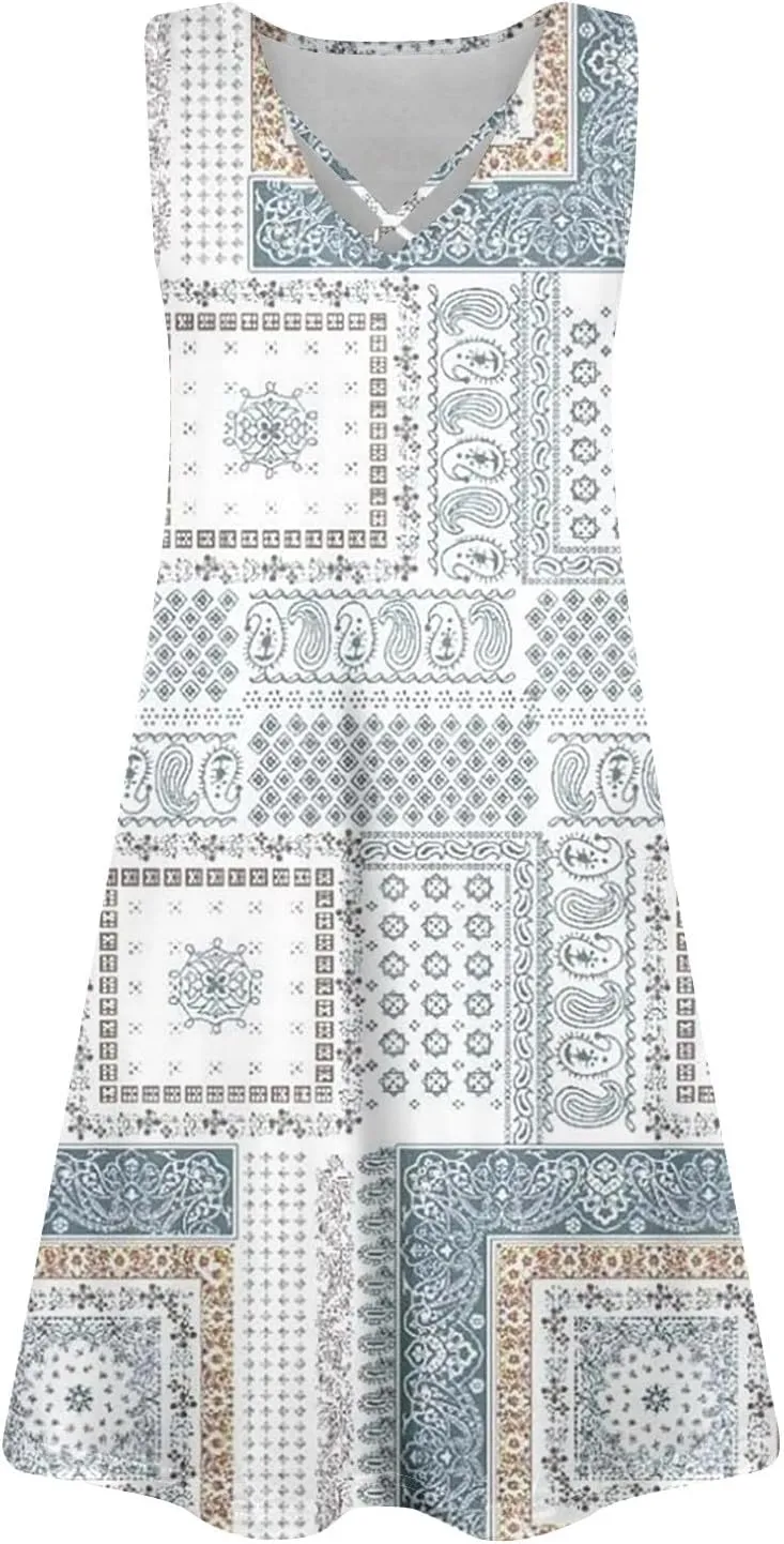 Summer Dresses for Women 2025 Sleeveless Loose Tank Dress V Neck Boho Beach Sundresses Floral Casual T Shirt Dresses
