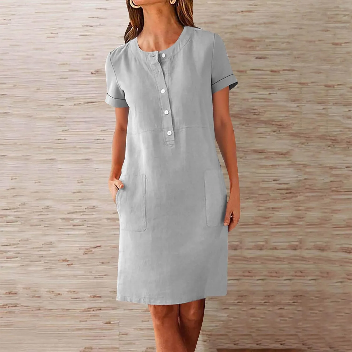 Summer Linen Mini Dress for Women Short Sleeve Shirt Dresses Button Crewneck Beach Vacation Sundress with Pockets