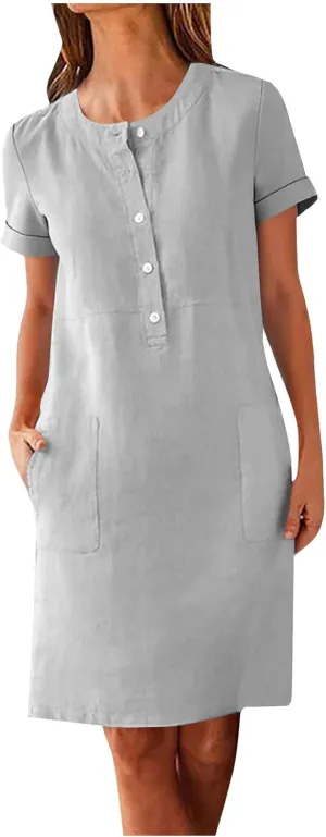 Summer Linen Mini Dress for Women Short Sleeve Shirt Dresses Button Crewneck Beach Vacation Sundress with Pockets