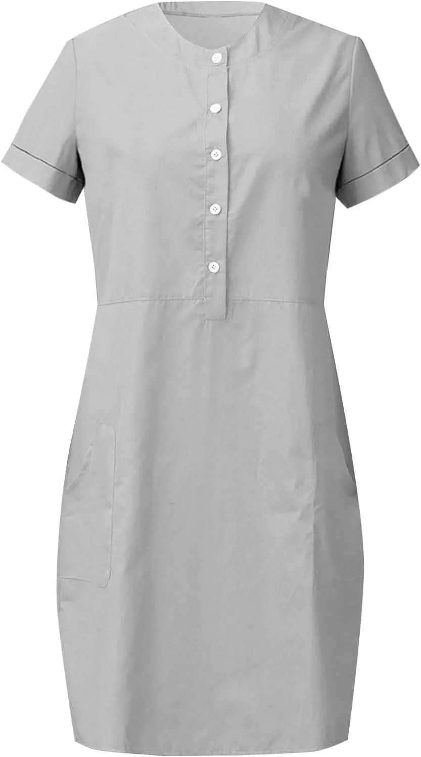 Summer Linen Mini Dress for Women Short Sleeve Shirt Dresses Button Crewneck Beach Vacation Sundress with Pockets