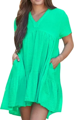 Summer Mini Dress for Women Wedding Guest Dresses Short Sleeve V Neck Beach Vacation Patchwork Sundress with Pockets
