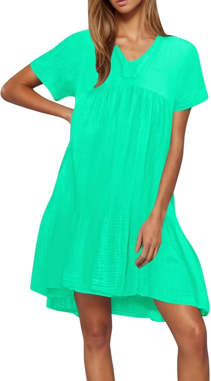 Summer Mini Dress for Women Wedding Guest Dresses Short Sleeve V Neck Beach Vacation Patchwork Sundress with Pockets