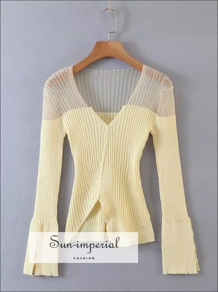 Sun-imperial Beige V Neck Contrast Panel Ribbed Knit Cardigan with Asymmetric Hem
