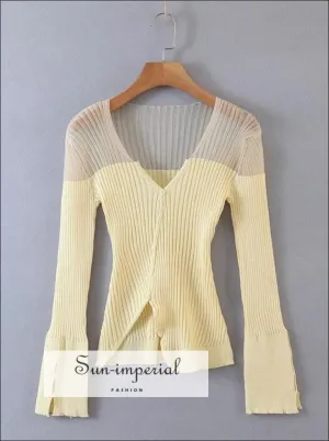 Sun-imperial Beige V Neck Contrast Panel Ribbed Knit Cardigan with Asymmetric Hem