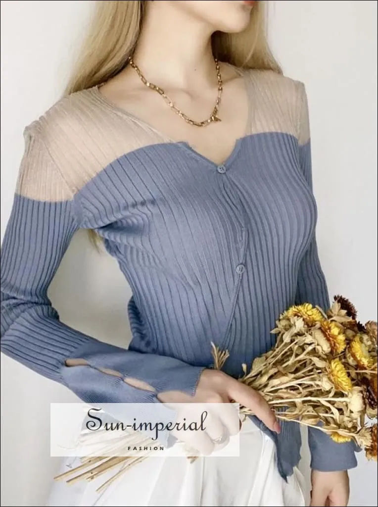 Sun-imperial Beige V Neck Contrast Panel Ribbed Knit Cardigan with Asymmetric Hem