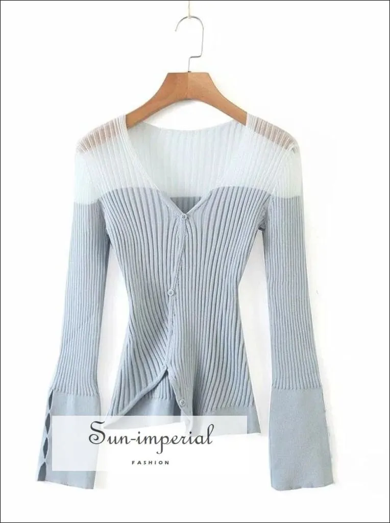 Sun-imperial Beige V Neck Contrast Panel Ribbed Knit Cardigan with Asymmetric Hem