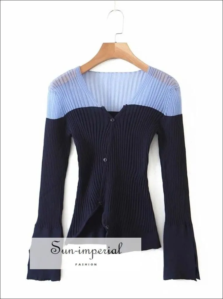 Sun-imperial Black and white V Neck Contrast Panel Ribbed Knit Cardigan with Asymmetric Hem